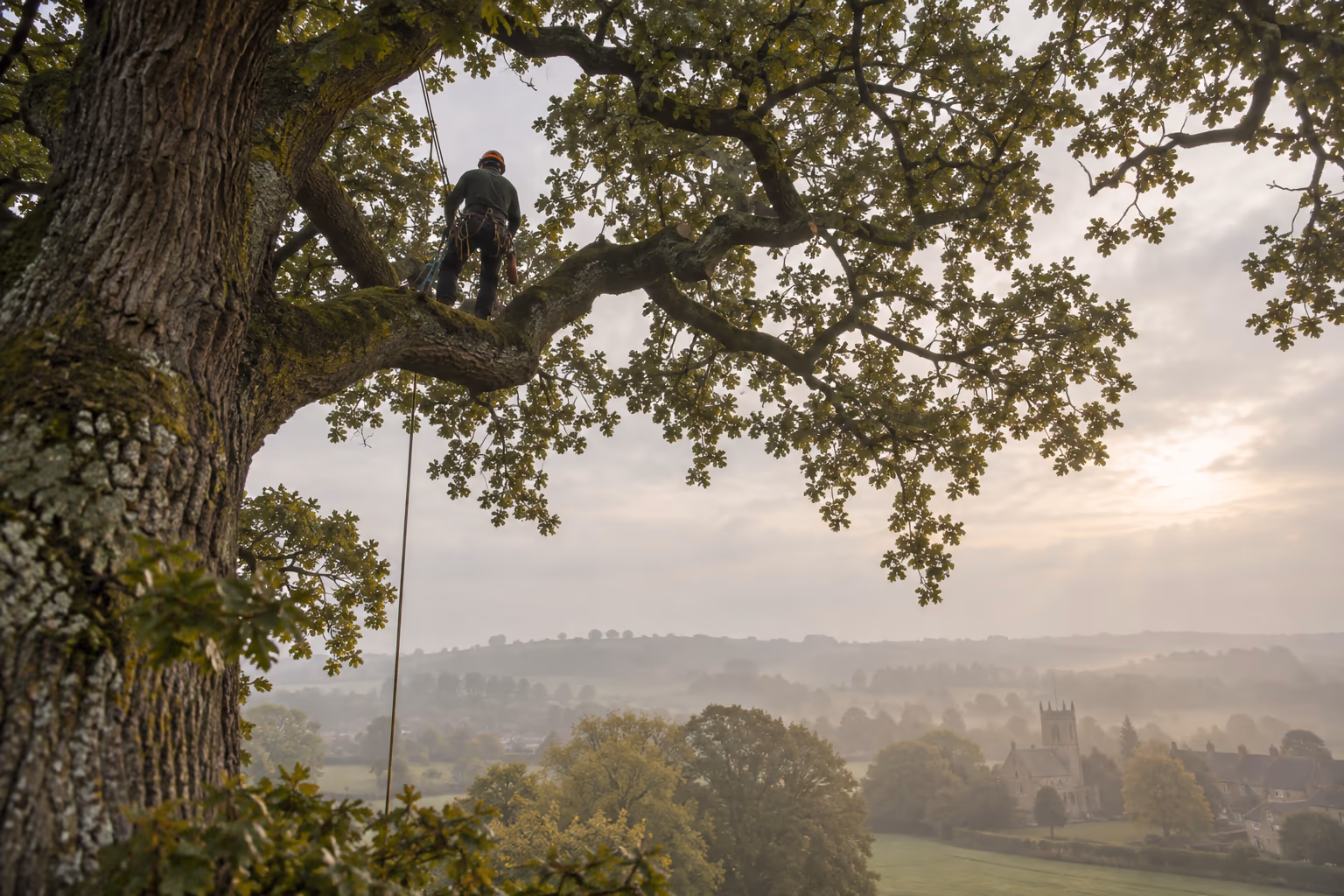 Arborist working high in an oak canopy